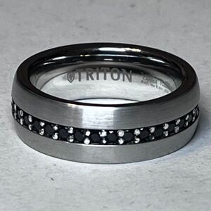 Triton Tungsten Carbide & 925 Silver 8 MM Ring Band w Black Sapphires Men's 10